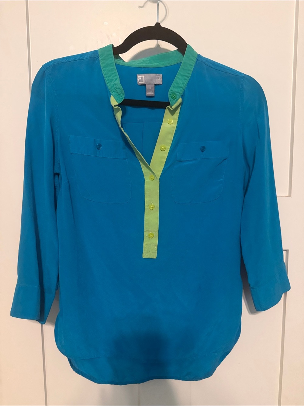 jcpenney 100% Silk Color Block Teal Blue Blouse with Lime Green Trim Size S